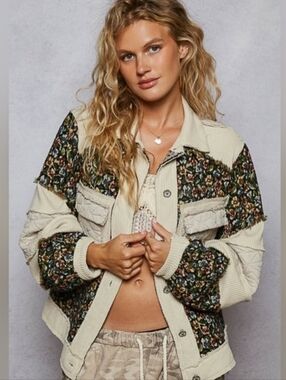 POL Cream & Floral Patchwork Women's Jacket - Boho Quilted Style medium